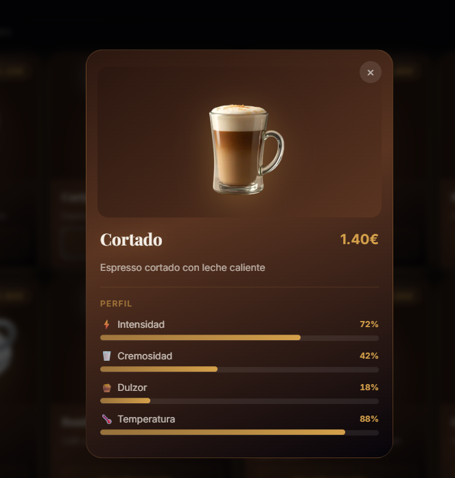 El Muro Café — Modal de detalle de producto con perfil de sabor