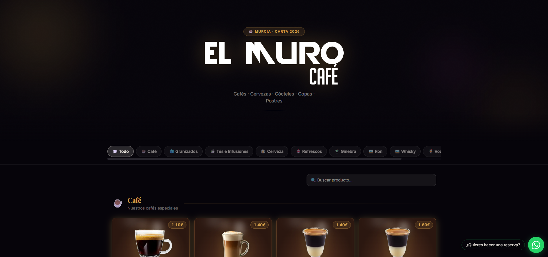 El Muro Café — Pantalla principal de la carta digital con categorías y logo